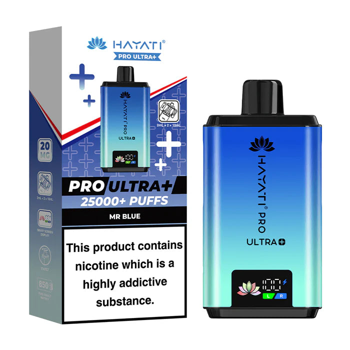 Hayati Pro Ultra+ 25k puffs vape device and packaging on a white background